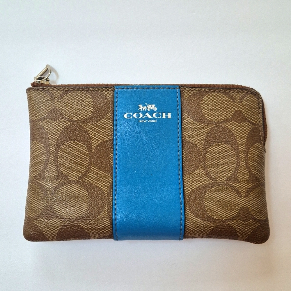 Coach Blye Stripe Corner Zip Brown and Blue Wristlet Wallet Bag C1892